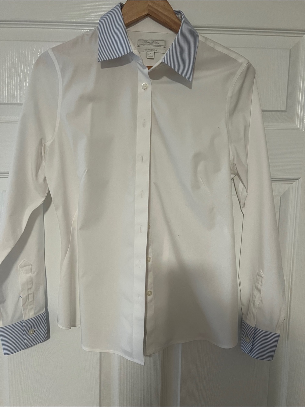Brooks Brothers White Button-Front Shirt with Blue Stripe Collar & Cuffs